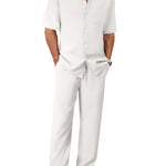 Men's Trousers Suit Fashion Lapel Button Short Sleeve Shirt And Pocket Straight Pants Clothing