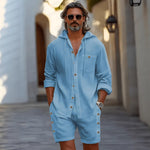 Men's Four-Season Long-Sleeve Hooded Shirt And Shorts Two-Piece Set