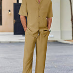 Men's Trousers Suit Fashion Lapel Button Short Sleeve Shirt And Pocket Straight Pants Clothing