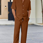 Men's Trousers Suit Fashion Lapel Button Short Sleeve Shirt And Pocket Straight Pants Clothing