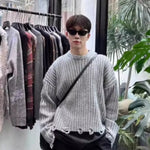 Broken Hole Short Black Round Neck Sweater