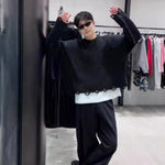 Broken Hole Short Black Round Neck Sweater