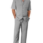Men's Trousers Suit Fashion Lapel Button Short Sleeve Shirt And Pocket Straight Pants Clothing