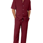 Men's Trousers Suit Fashion Lapel Button Short Sleeve Shirt And Pocket Straight Pants Clothing